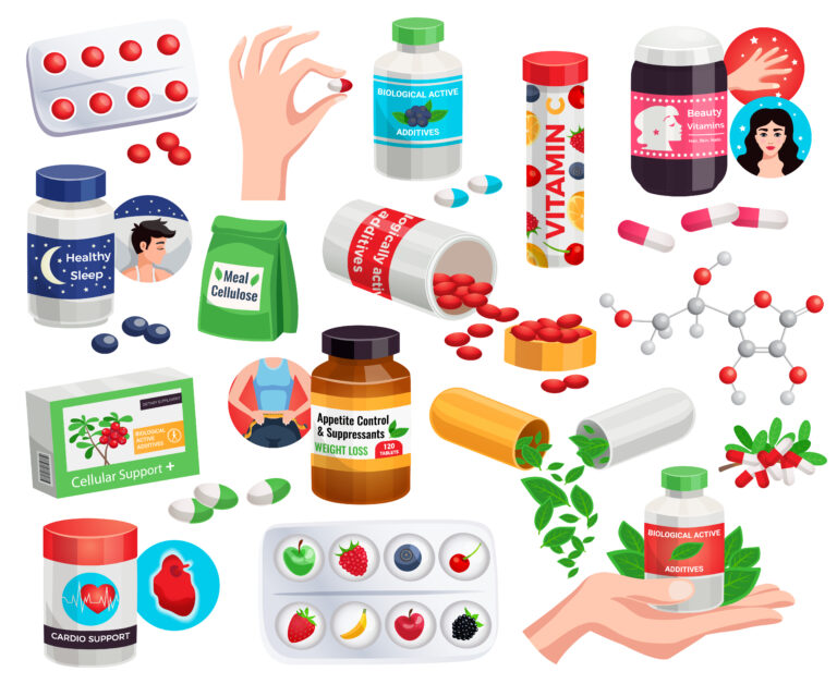 Illustration of medicine tablets, vitamins and supplement bottles